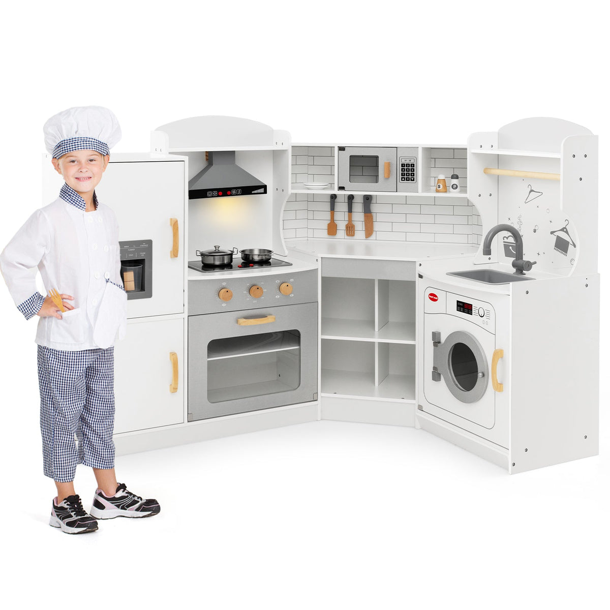 Corner Kids Play Kitchen with Washing Machine and Ice Maker Gift for Boys Girls-White