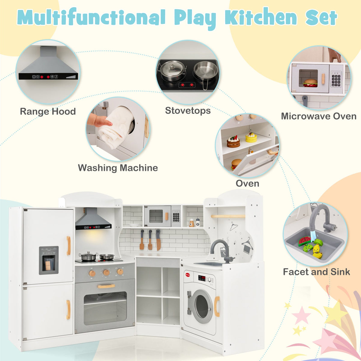 Corner Kids Play Kitchen with Washing Machine and Ice Maker Gift for Boys Girls-White