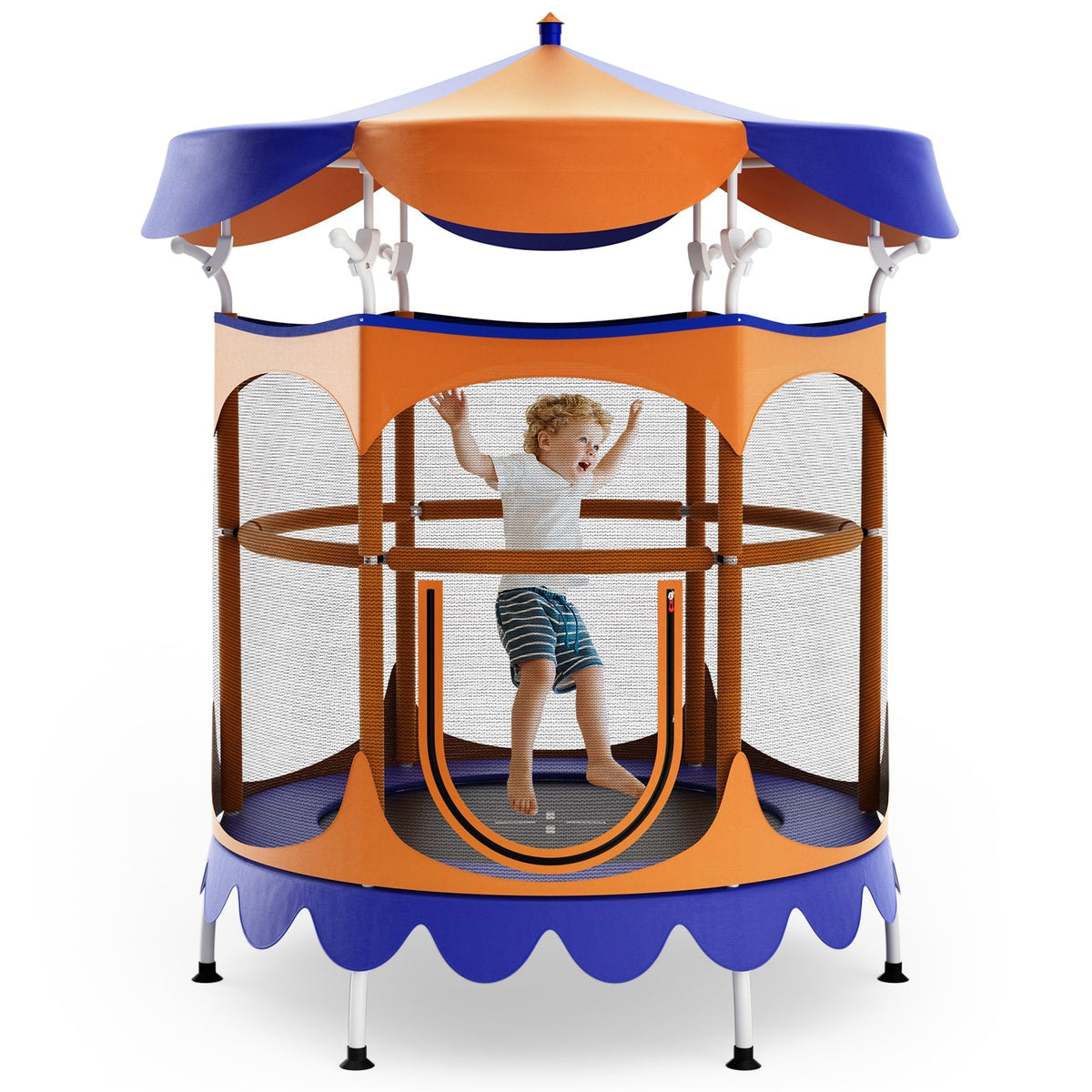 64 Inch Kids Trampoline with Detachable Canopy and Safety Enclosure Net