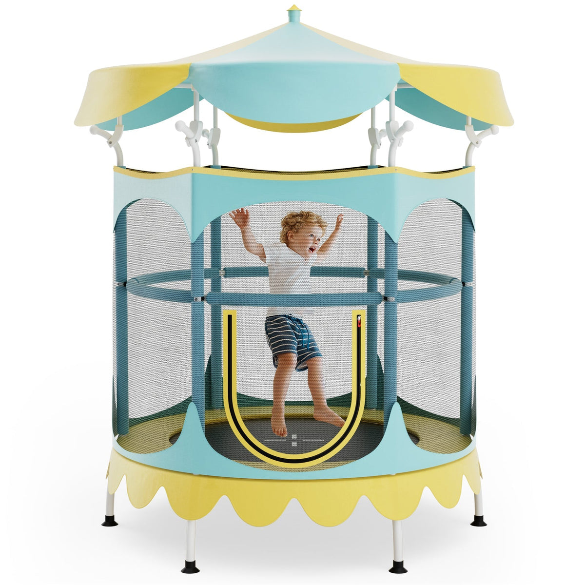 64 Inch Kids Trampoline with Detachable Canopy and Safety Enclosure Net