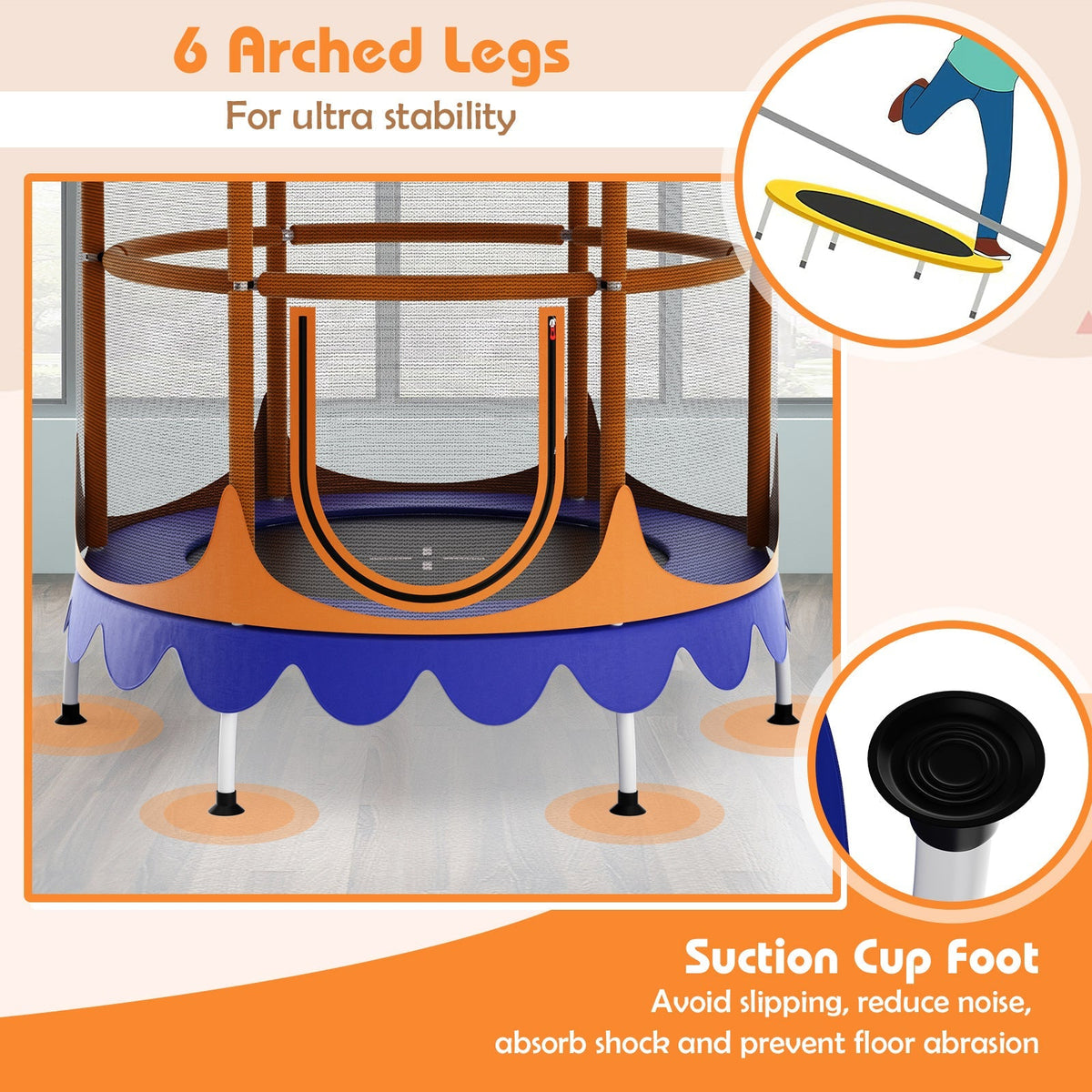 64 Inch Kids Trampoline with Detachable Canopy and Safety Enclosure Net