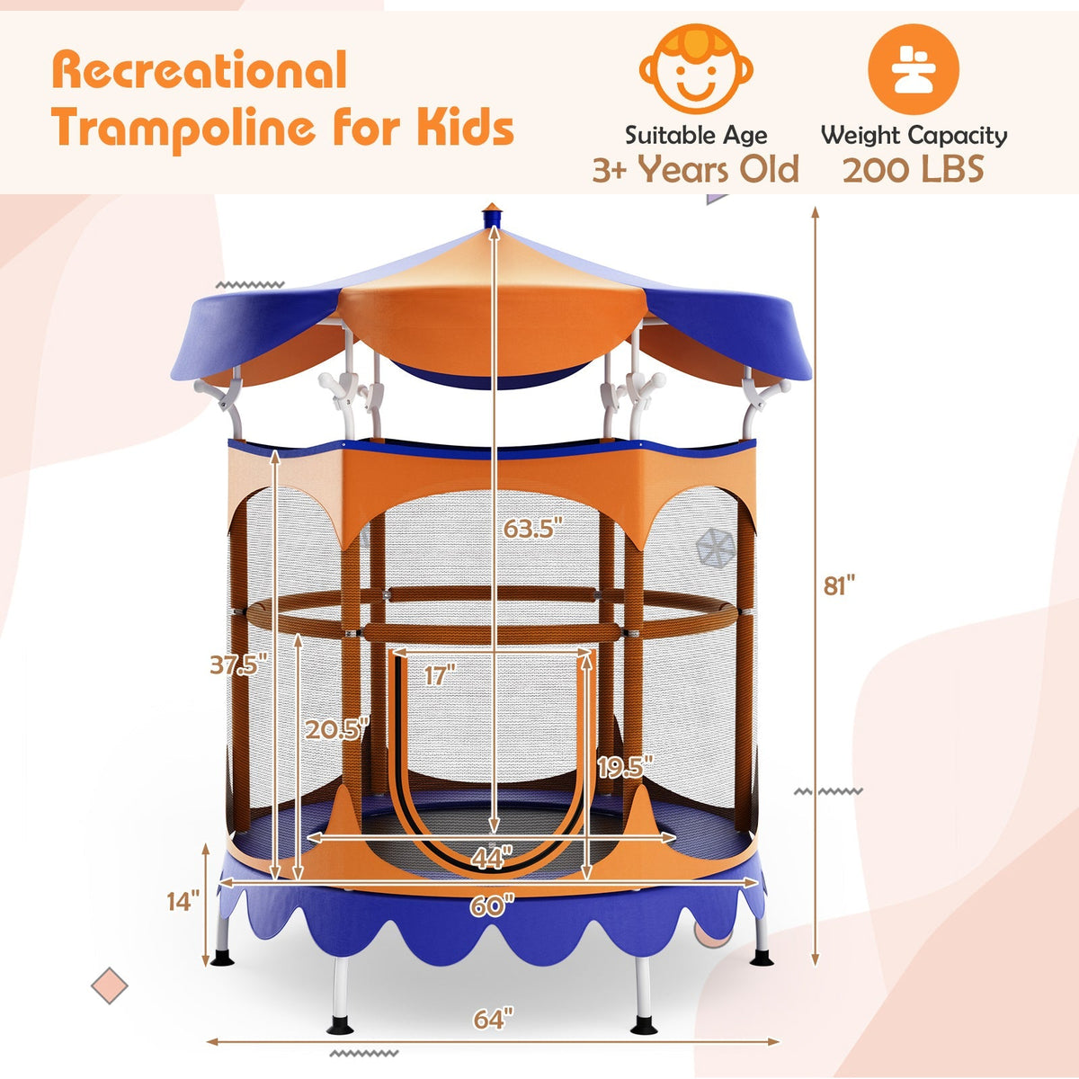 64 Inch Kids Trampoline with Detachable Canopy and Safety Enclosure Net
