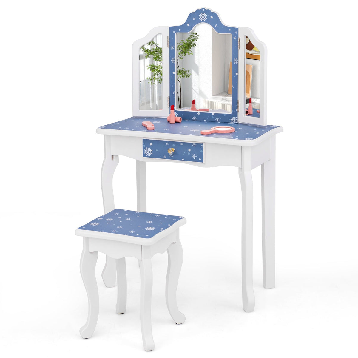Princess Pretend Play Makeup Table and Stool Set with Tri-folding Mirror-Blue