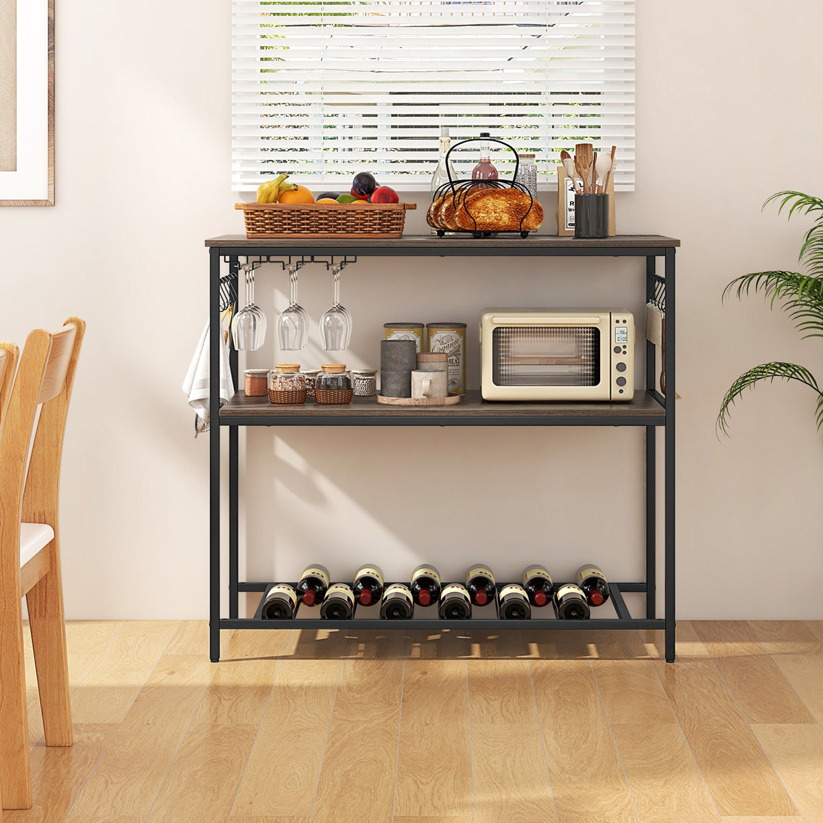 Kitchen Island with 3 Shelves Wine Glass Holders and 10 Hooks-Gray