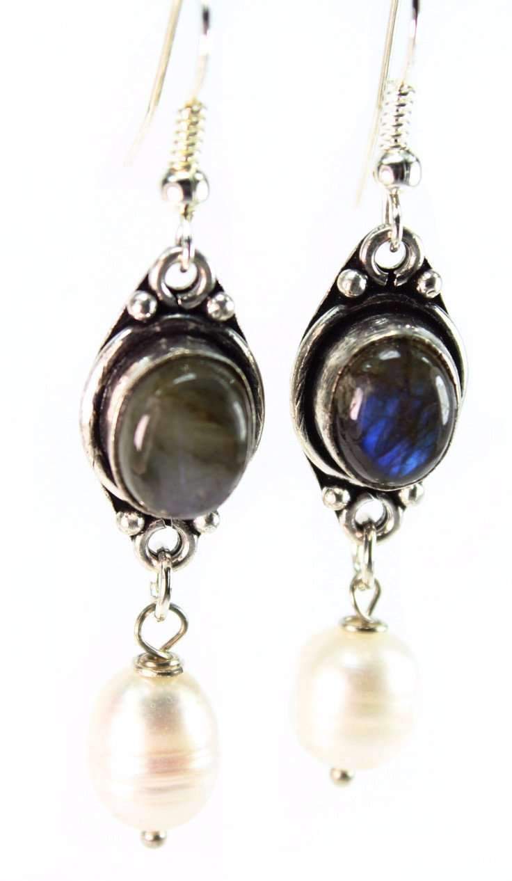 Labradorite Pearl Drop Earrings Sterling Hook Dangle