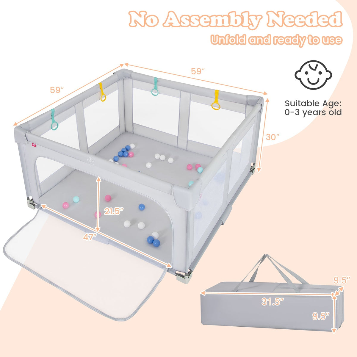 Large Baby Playpen BPA-Free Foldable Toddlers Safety Fence Play Yard with Zipper Gate