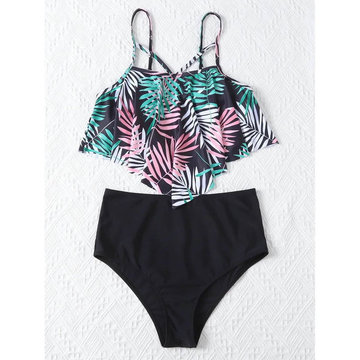 Leaf Print Hanky Hem High Waisted Bikini Swimsuit