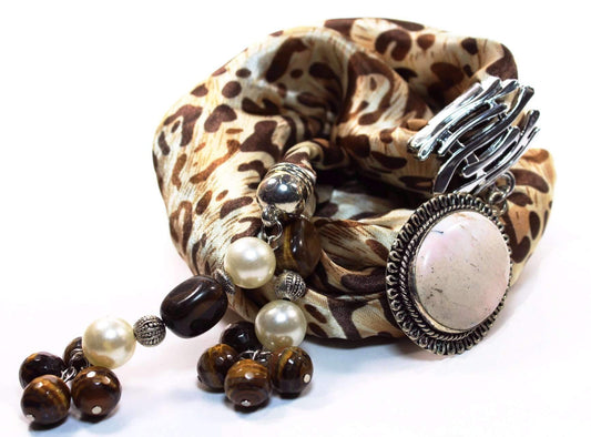 Leopard Print Pendant Scarf With Beads Tassel Accent