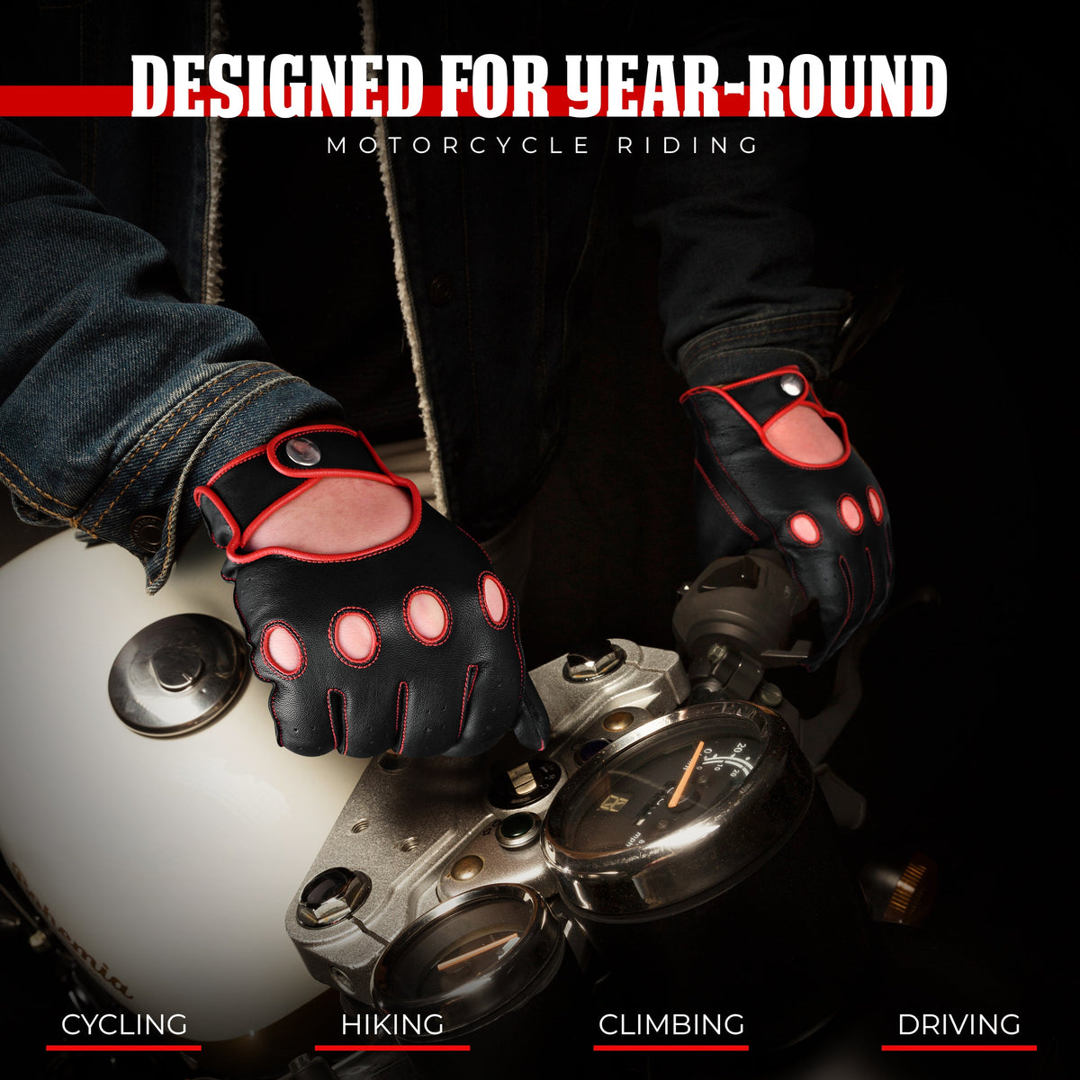 Leather Dark Knight Gloves - Full Finger Design (Red)