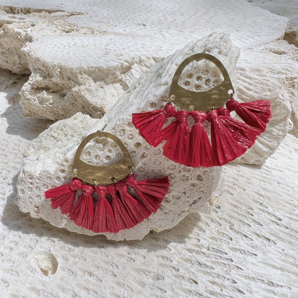 Red Raffia Fan Earrings Lightweight Boho Fringe Dangle Brass Hooks