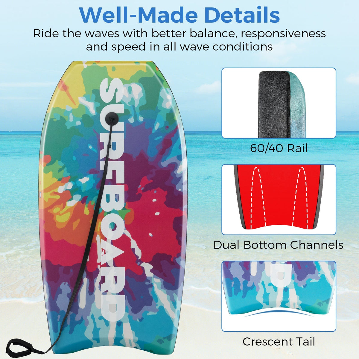 33/37/41 Inches Lightweight Body Board Boogie Board with EPS Core XPE Deck HDPE Bottom Multicolor1