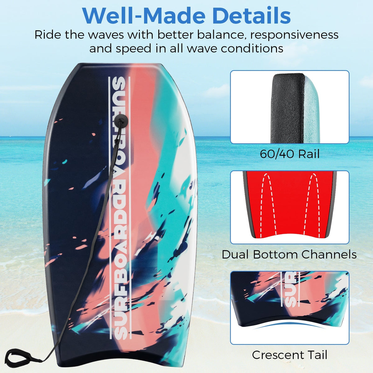 33/37/41 Inches Lightweight Body Board Boogie Board with EPS Core XPE Deck HDPE Bottom Multicolor2