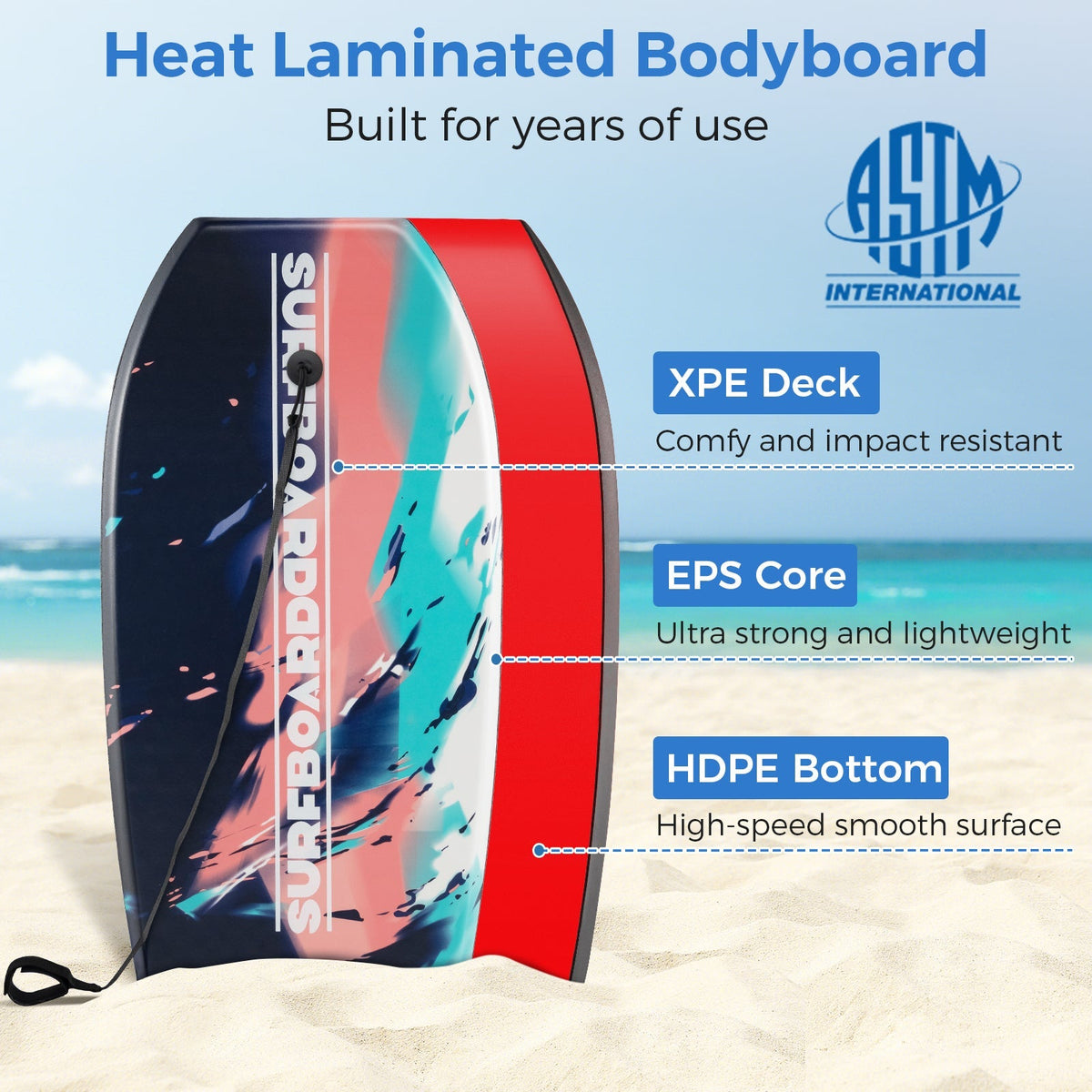 33/37/41 Inches Lightweight Body Board Boogie Board with EPS Core XPE Deck HDPE Bottom Multicolor2