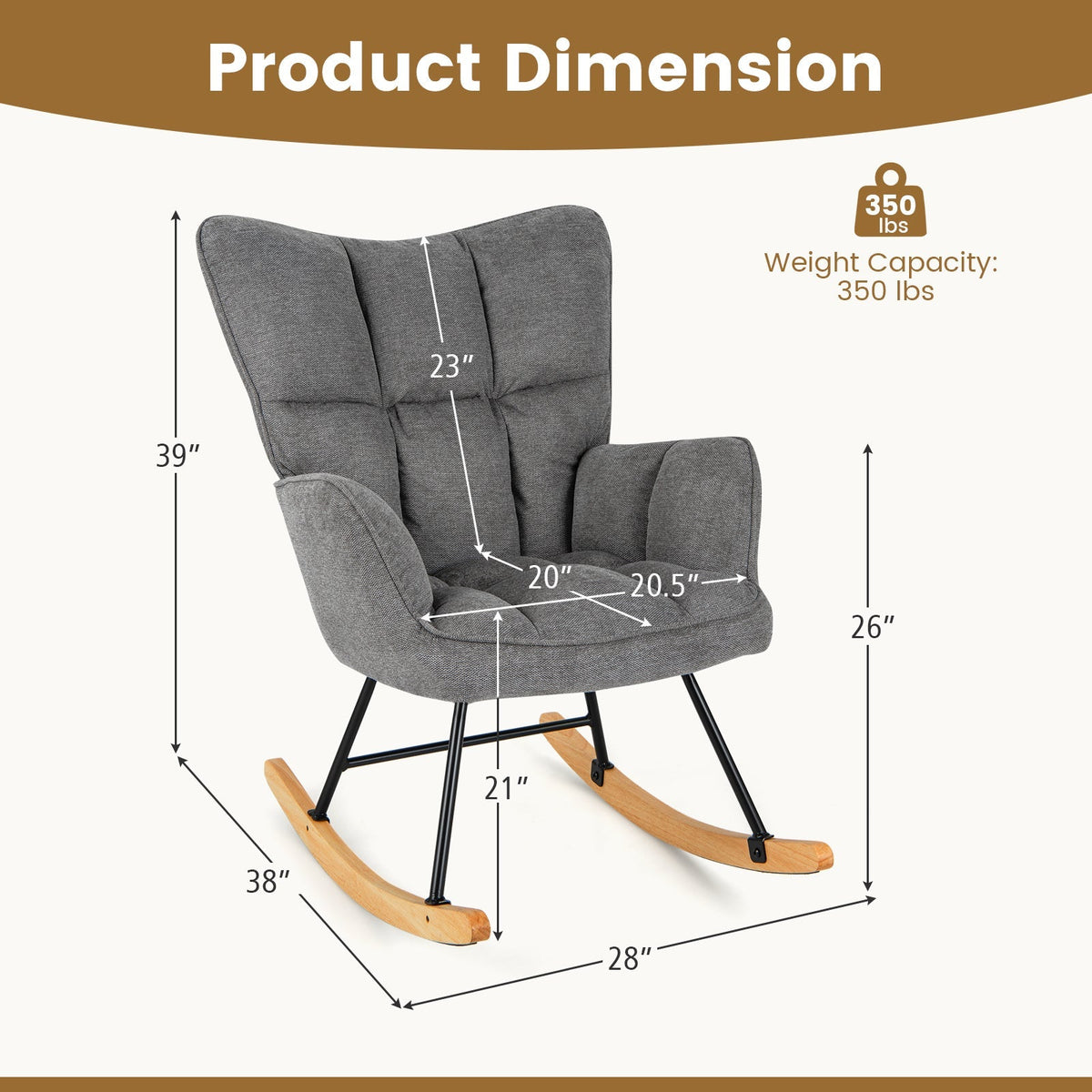 Linen Nursery Rocking Chair with High Backrest and Padded Armrests