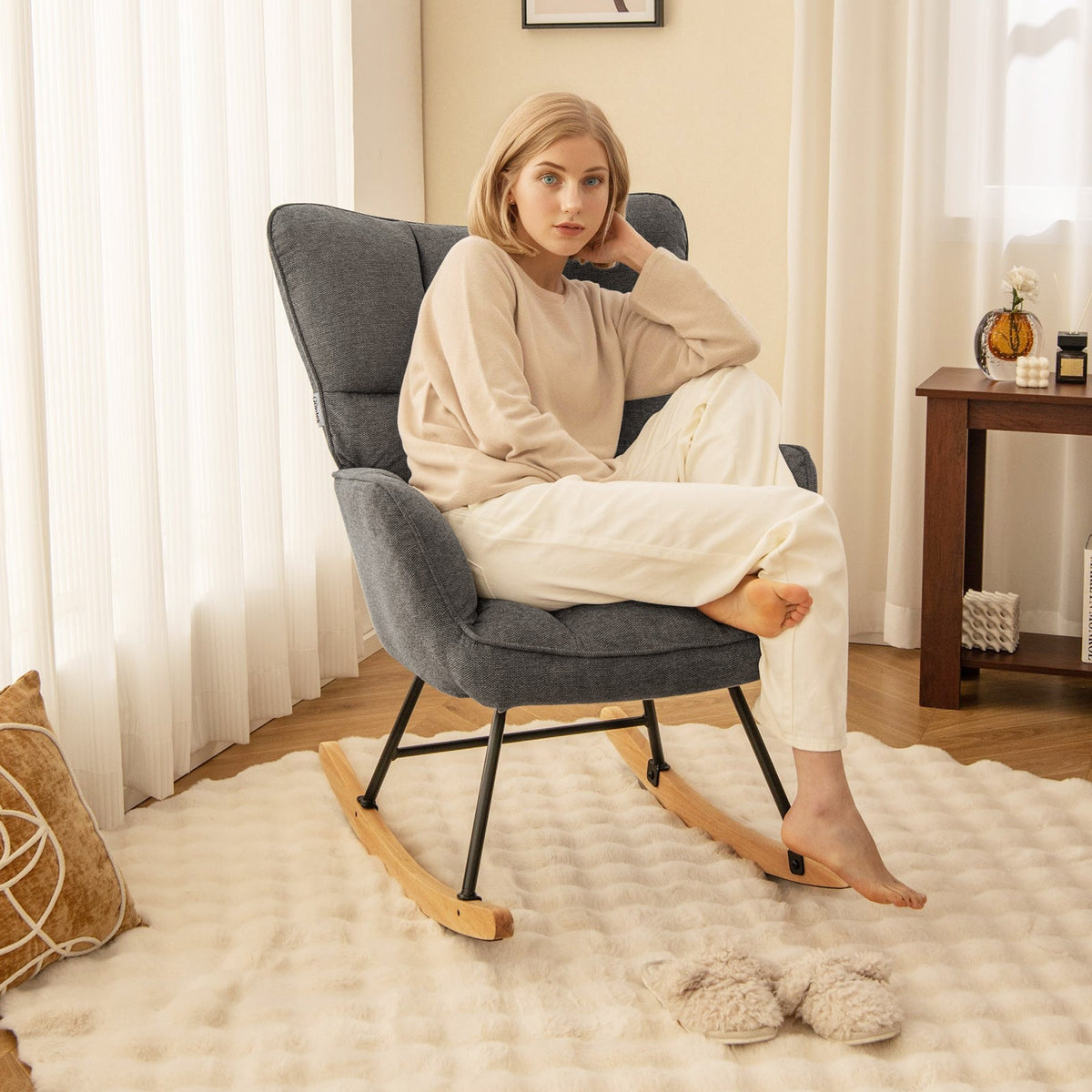 Linen Nursery Rocking Chair with High Backrest and Padded Armrests