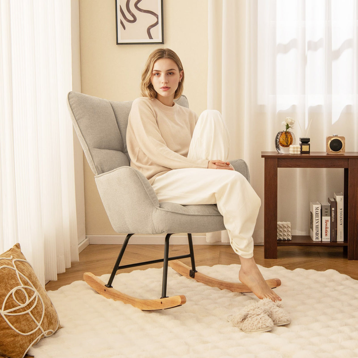 Linen Nursery Rocking Chair with High Backrest and Padded Armrests