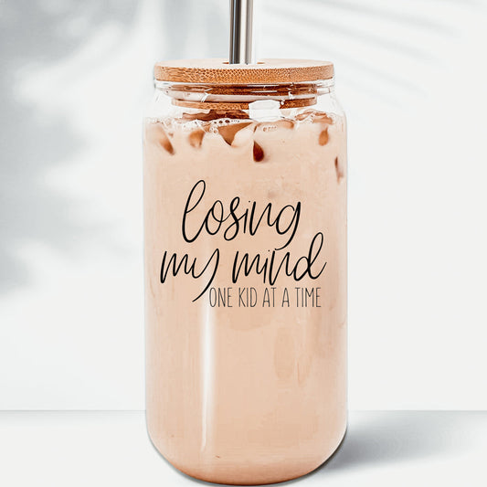 Losing My Mind 17oz Glass Tumbler With Bamboo Lid Stainless Straws Straw Cleaner Gift