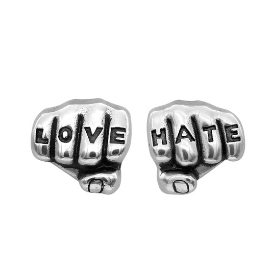 Love And Hate Tattoo Fist Stud Earrings Silver Tone