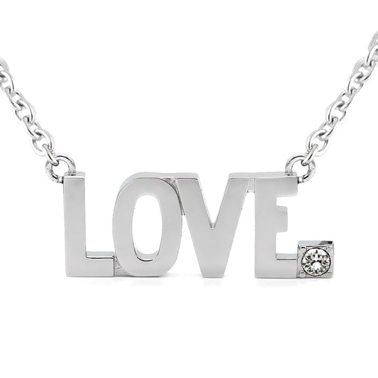 Love Block Letter Crystal Pendant Necklace Silver Sterling