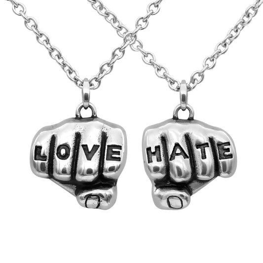 Love Hate Tattooed Knuckle Pendant Necklace Sterling Steel