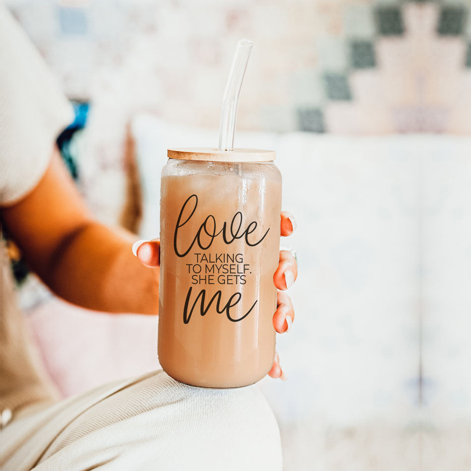 Love Talking To Myself 20oz Glass Cup With Bamboo Lid - Self Care Mug
