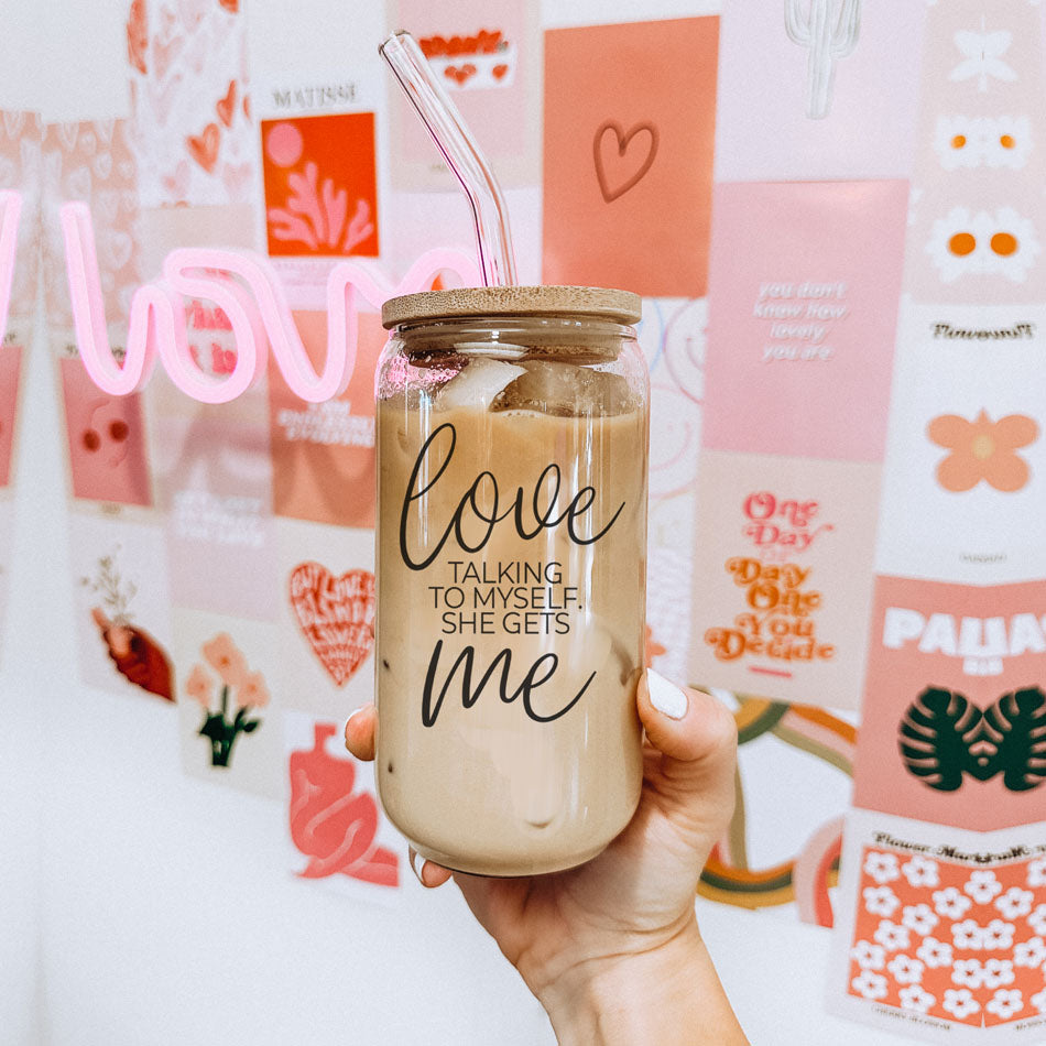 Love Talking To Myself 20oz Glass Cup With Bamboo Lid - Self Care Mug