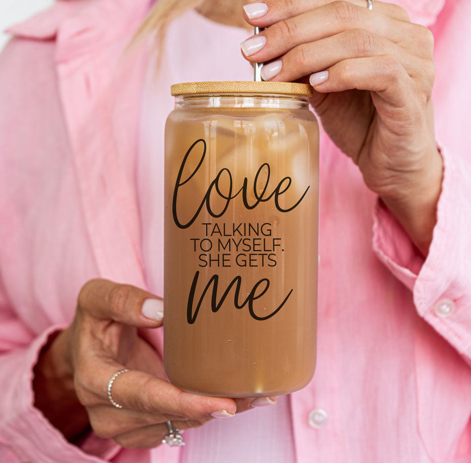 Love Talking To Myself 20oz Glass Cup With Bamboo Lid - Self Care Mug