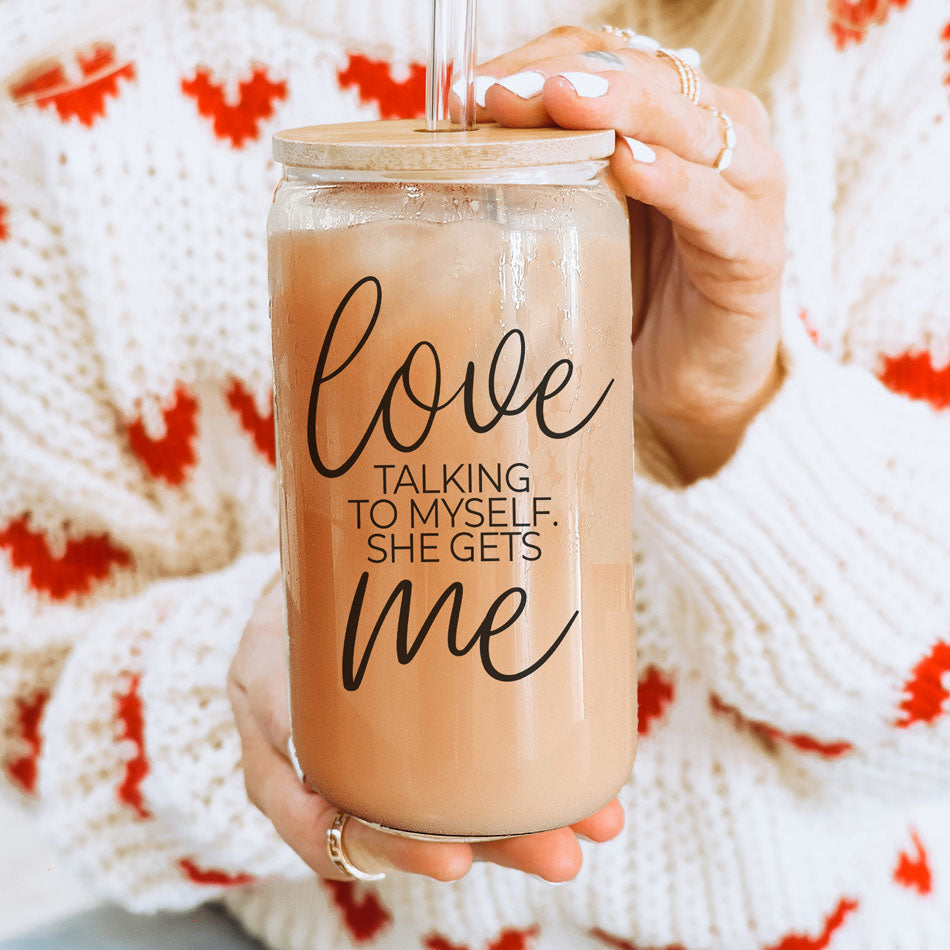 Love Talking To Myself 20oz Glass Cup With Bamboo Lid - Self Care Mug