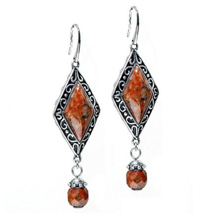 Lucky Spin Orange Gemstone Dangle Earrings Silver Boho