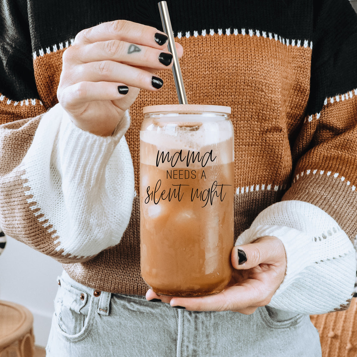 Silent Night 17oz Glass Tumbler With Bamboo Lid, 2 Stainless Straws and Cleaner