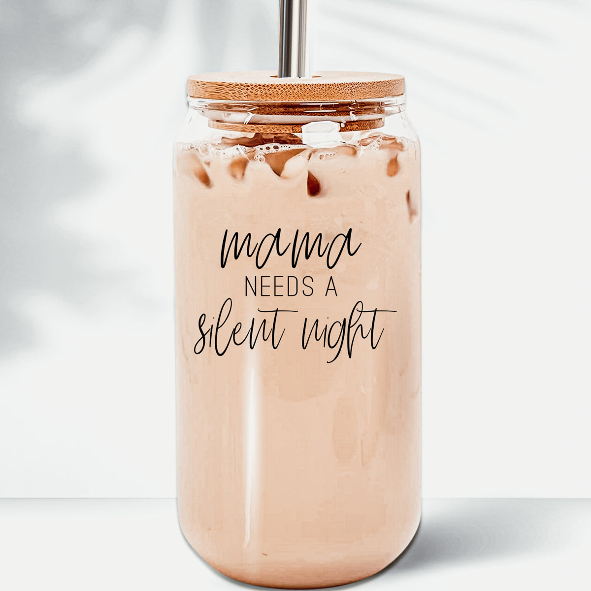 Silent Night 17oz Glass Tumbler With Bamboo Lid, 2 Stainless Straws and Cleaner
