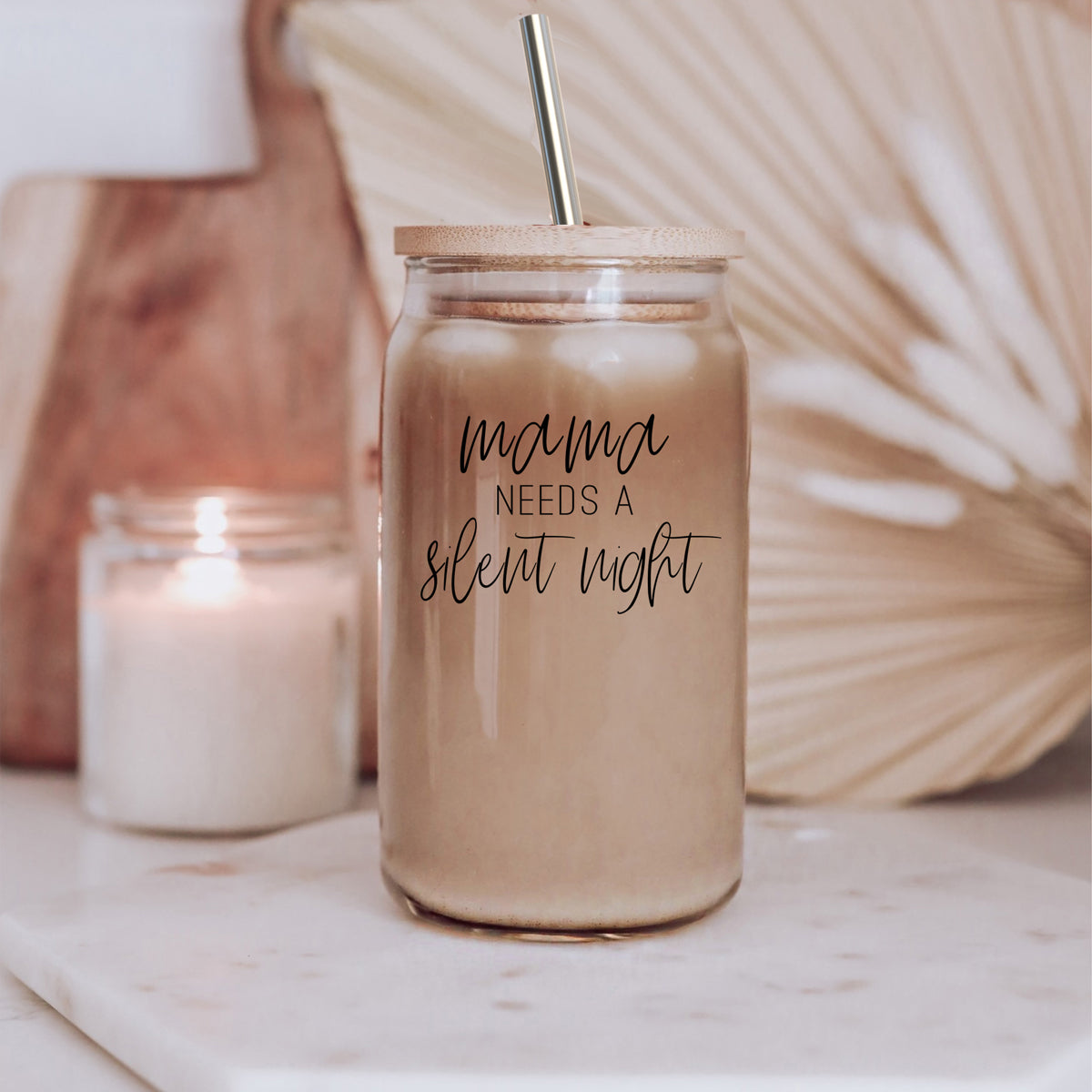 Silent Night 17oz Glass Tumbler With Bamboo Lid, 2 Stainless Straws and Cleaner