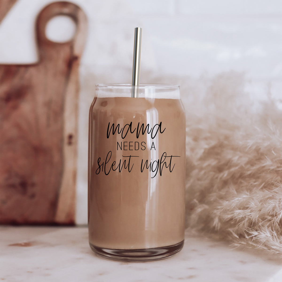 Silent Night 17oz Glass Tumbler With Bamboo Lid, 2 Stainless Straws and Cleaner