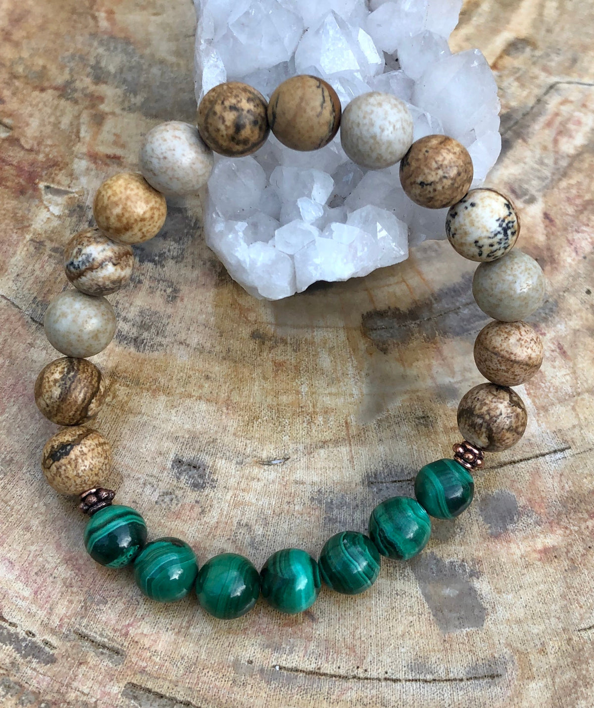 Malachite Picture Jasper Beaded Stretch Bracelet For Women