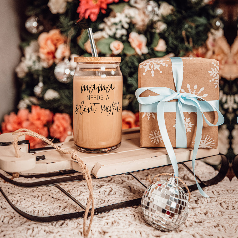 Silent Night 17oz Glass Tumbler With Bamboo Lid, 2 Stainless Straws and Cleaner