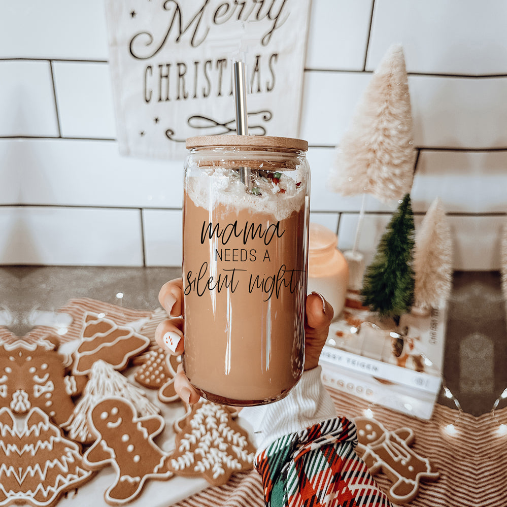 Silent Night 17oz Glass Tumbler With Bamboo Lid, 2 Stainless Straws and Cleaner