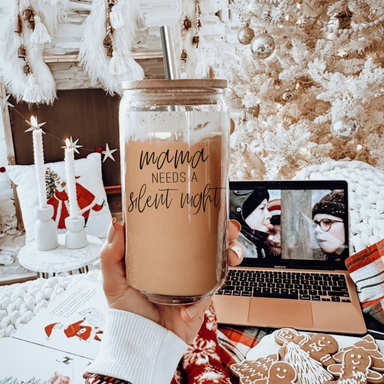 Silent Night 17oz Glass Tumbler With Bamboo Lid, 2 Stainless Straws and Cleaner