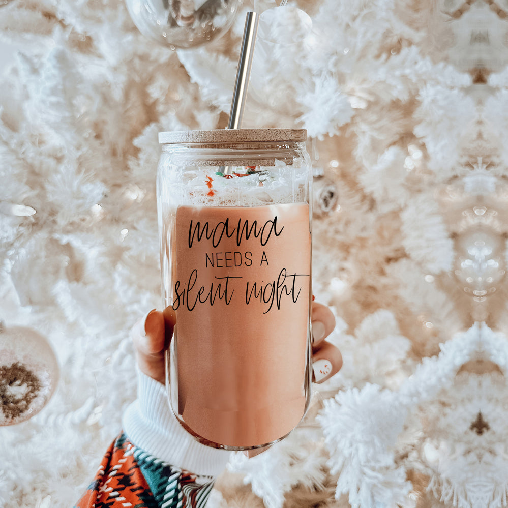 Silent Night 17oz Glass Tumbler With Bamboo Lid, 2 Stainless Straws and Cleaner