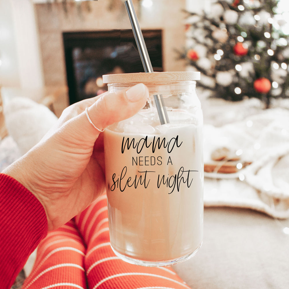 Silent Night 17oz Glass Tumbler With Bamboo Lid, 2 Stainless Straws and Cleaner
