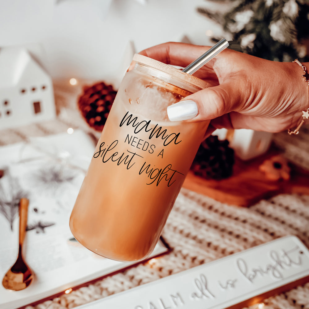 Silent Night 17oz Glass Tumbler With Bamboo Lid, 2 Stainless Straws and Cleaner