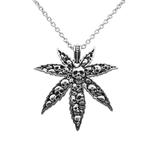 Marijuana Leaf Skull Pendant Necklace Gothic Silver