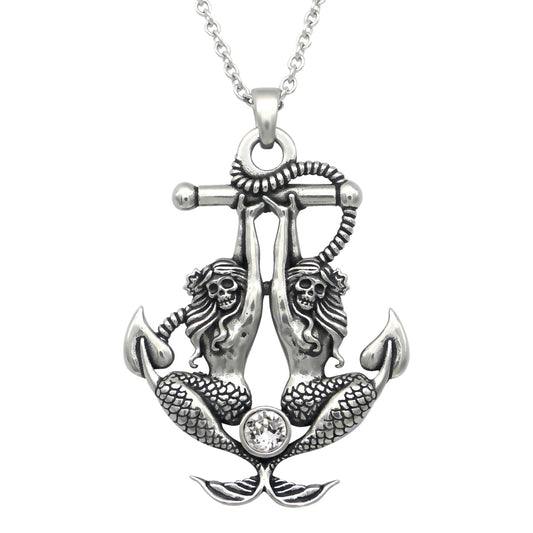 Mermaid Anchor Necklace Silver Pendant With Crystal