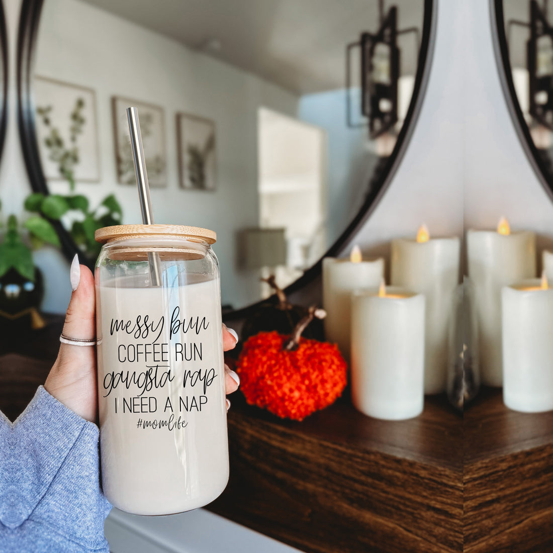 Messy Bun 17oz Glass Tumbler With Bamboo Lid Stainless Straws Mom Life Coffee Run Gift
