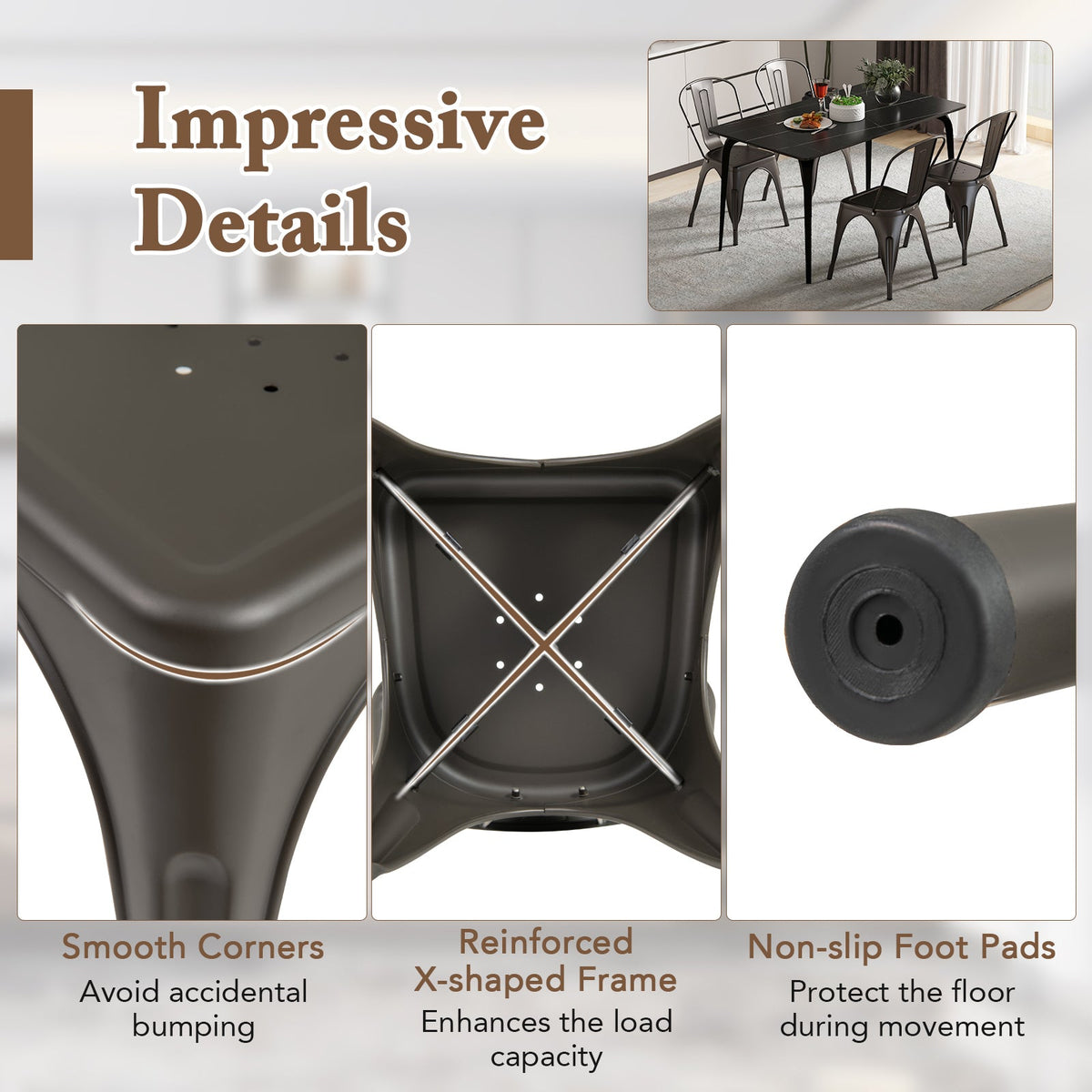 Juego de 4 sillas de comedor de metal con respaldo extraíble para comedor, restaurante, sala de estar