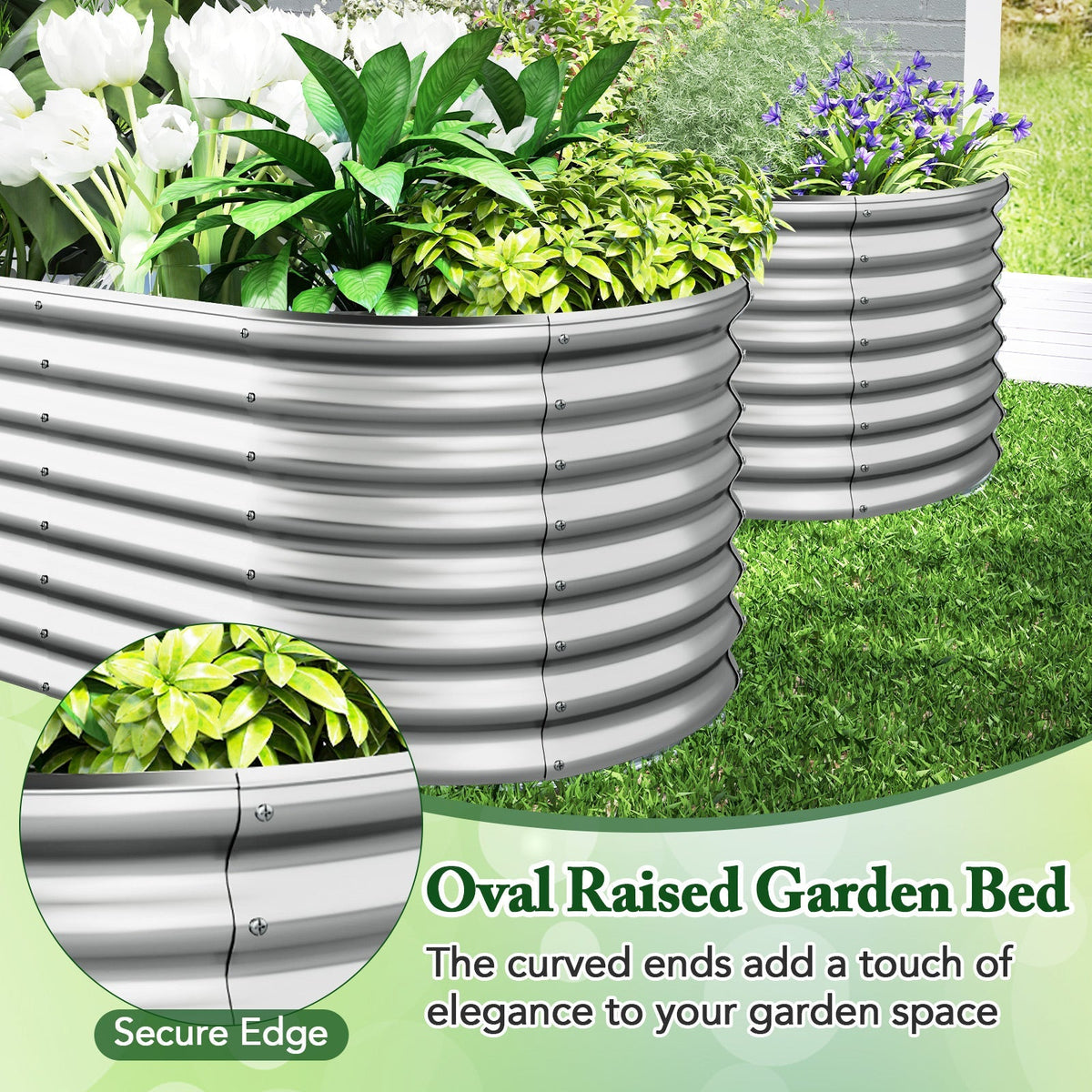5 x 3 x 2 Feet Metal Oval Raised Garden Bed with Open Bottom Design-Silver
