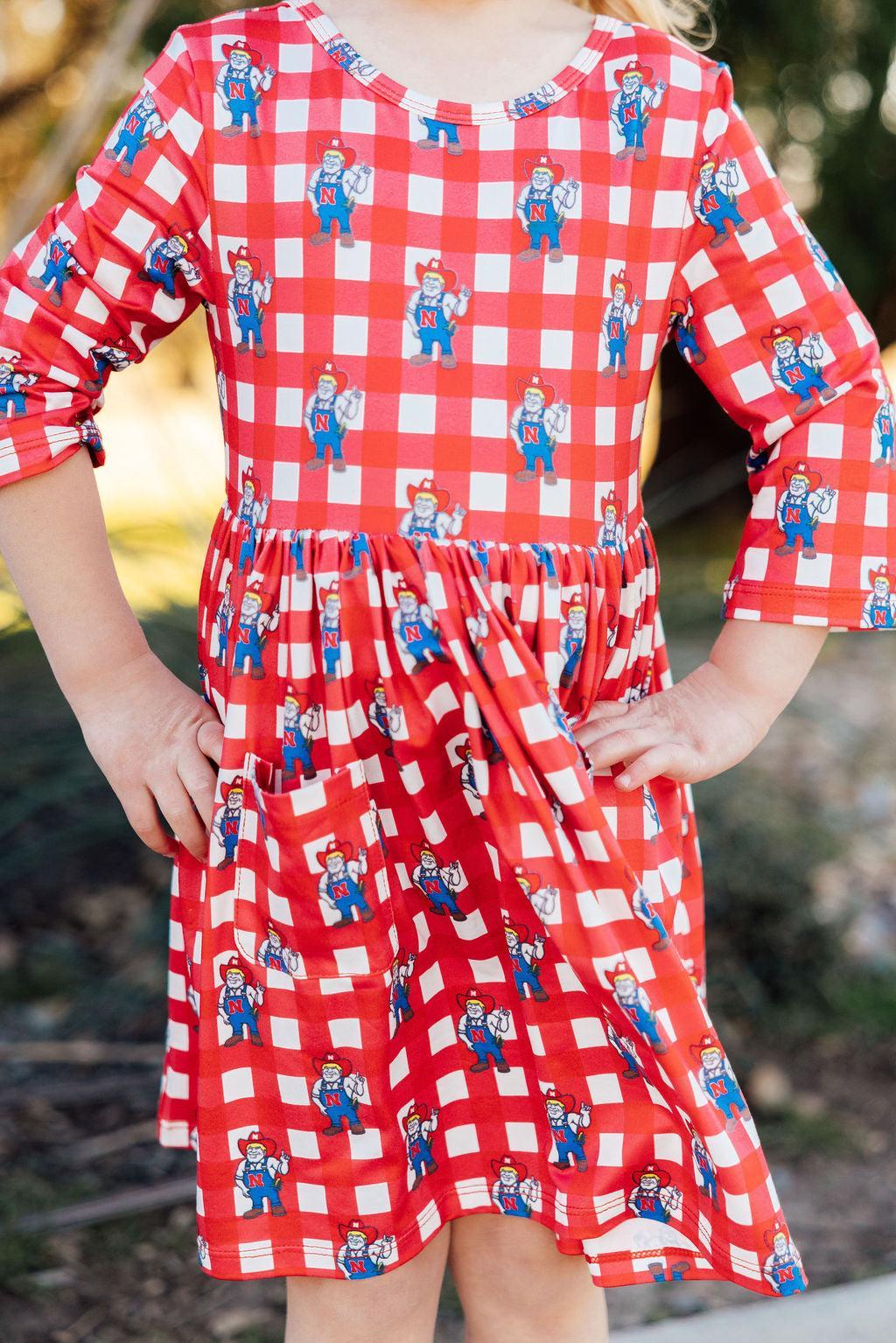 Nebraska Plaid Herbie Husker 3/4 Sleeve Pocket Twirl Dress