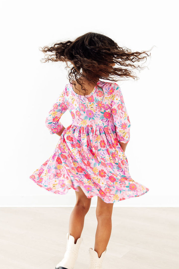 Fluttering Garden 3/4 Sleeve Pocket Twirl Dress