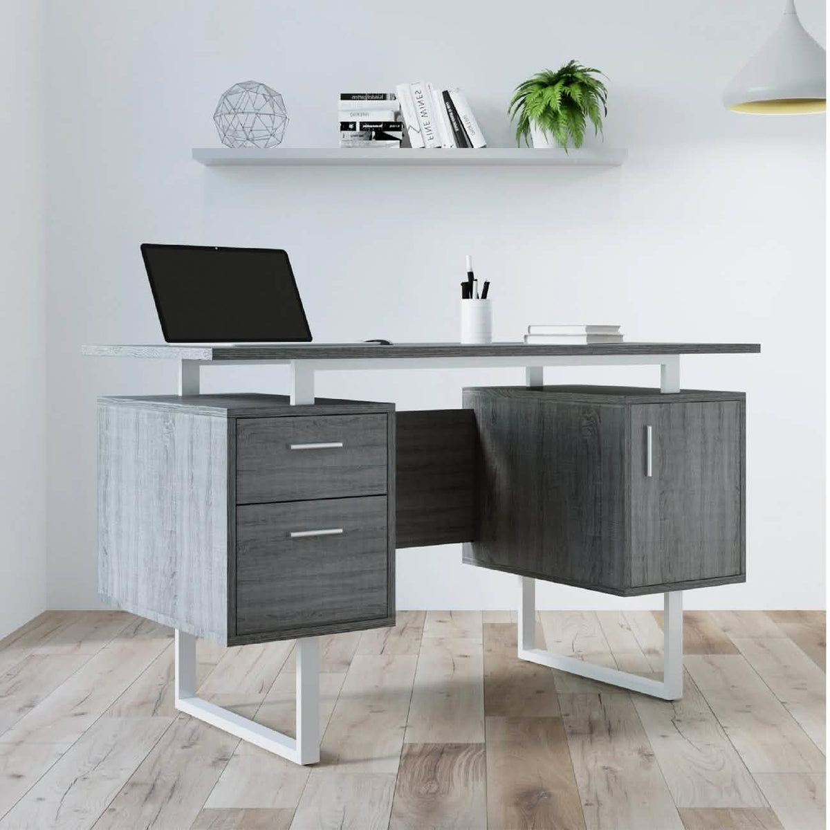 Modern Gray Office Desk with Storage