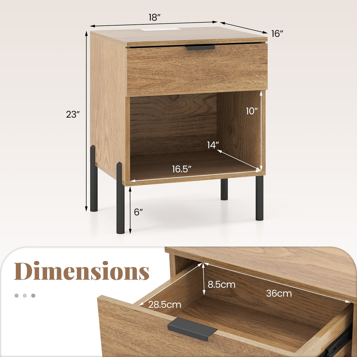 Modern Nightstand with Charging Station-Natural