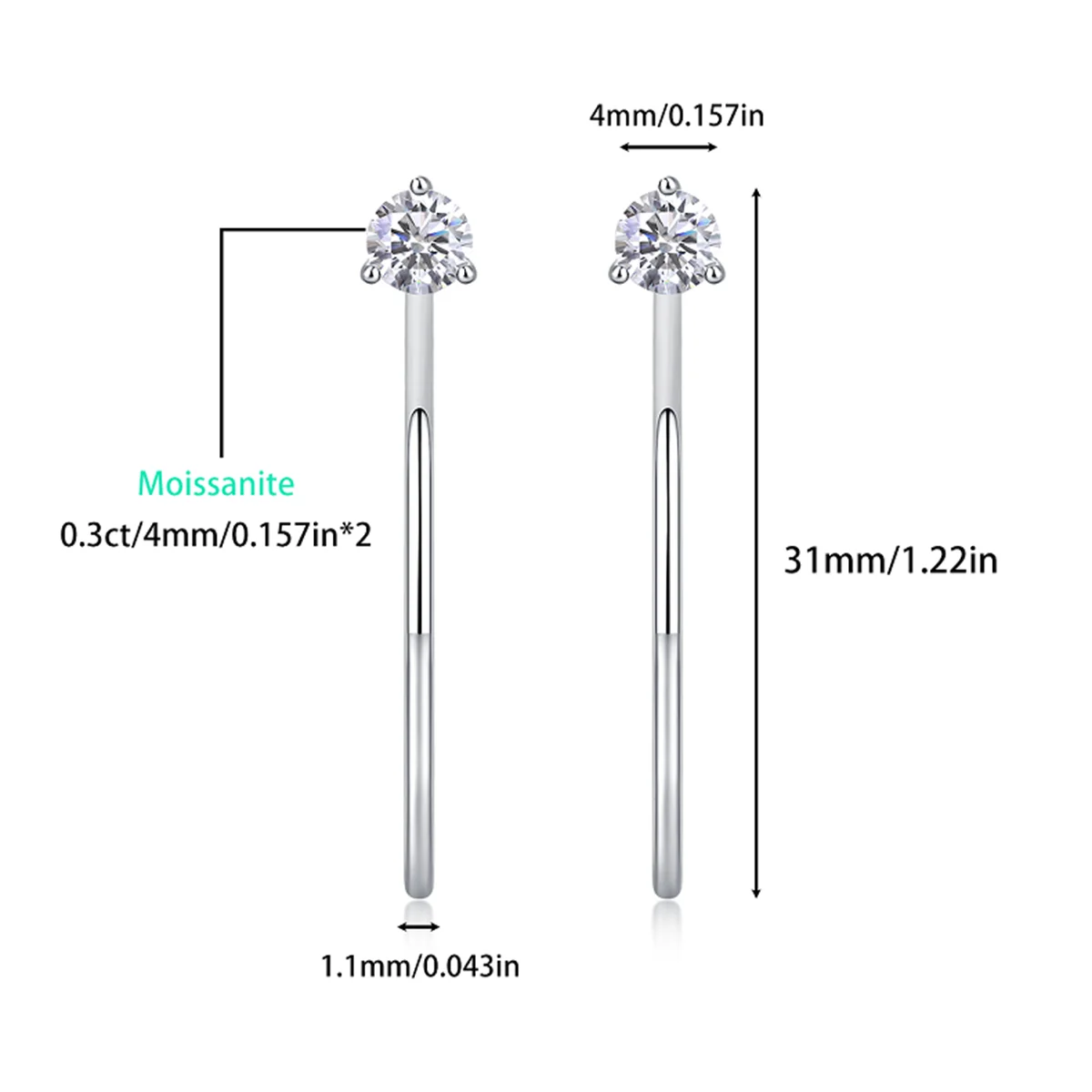 Moissanite 4mm D Color Hoop Earrings 2pc 925 Sterling Silver White Gold